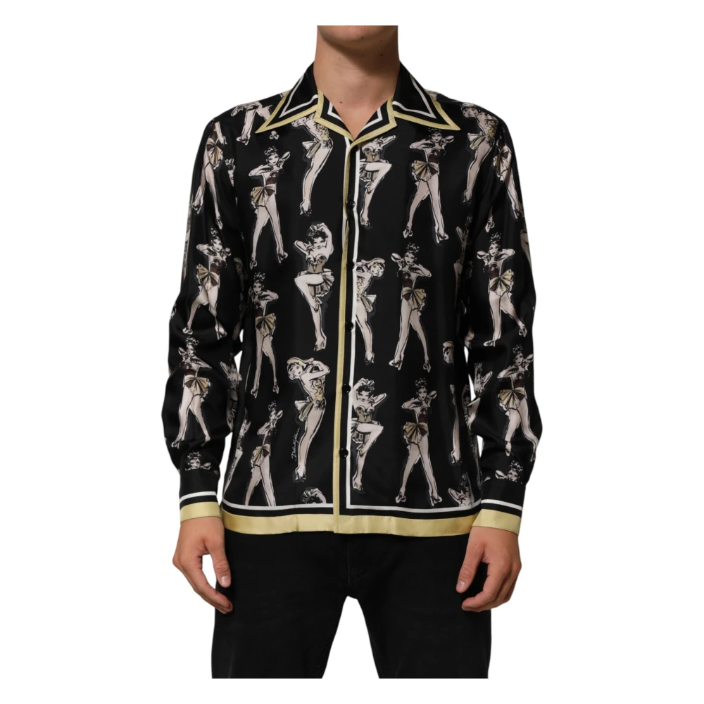 Dolce & Gabbana Mannelijk Zwart Overhemden Heren, S, Silk Pin Up Printed Button Down Shirt