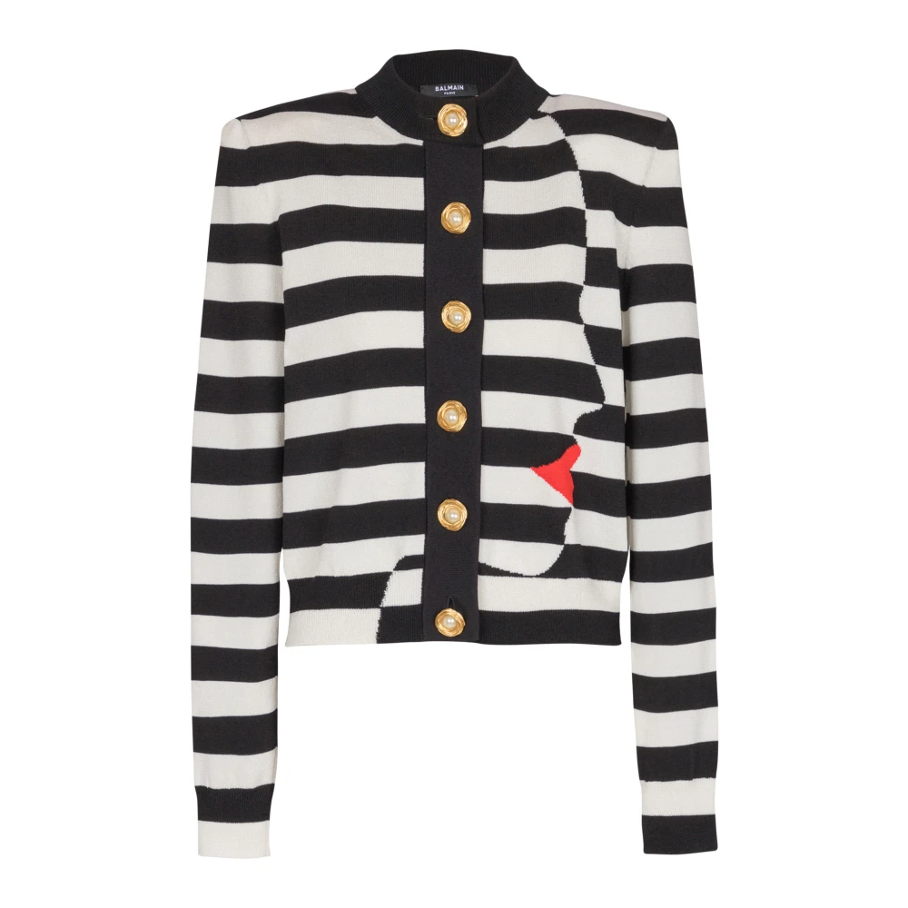 Balmain Gebreide Marinière cardigan met gezichtsmotief Black Dames