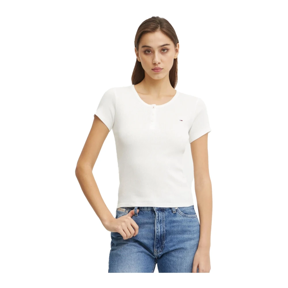 Tommy Jeans Gebreid Katoenen Logo T-shirt White Dames