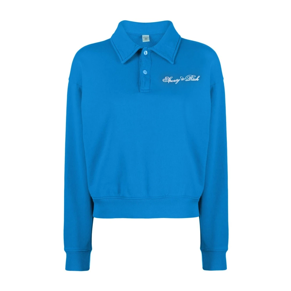 Sporty & Rich Logo-Broderad Polo-Krage Sweatshirt Blue, Dam