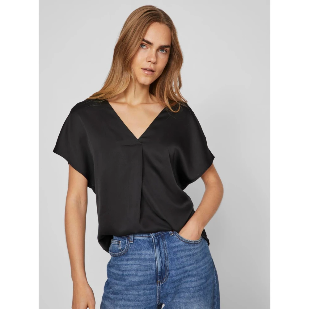 Vila Satin V-Hals Korte Mouw T-Shirt Black Dames