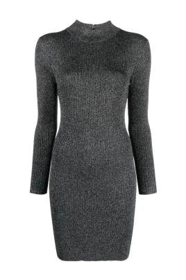 Metallic Ribbed Stretch Knit Mock Neck Klänning