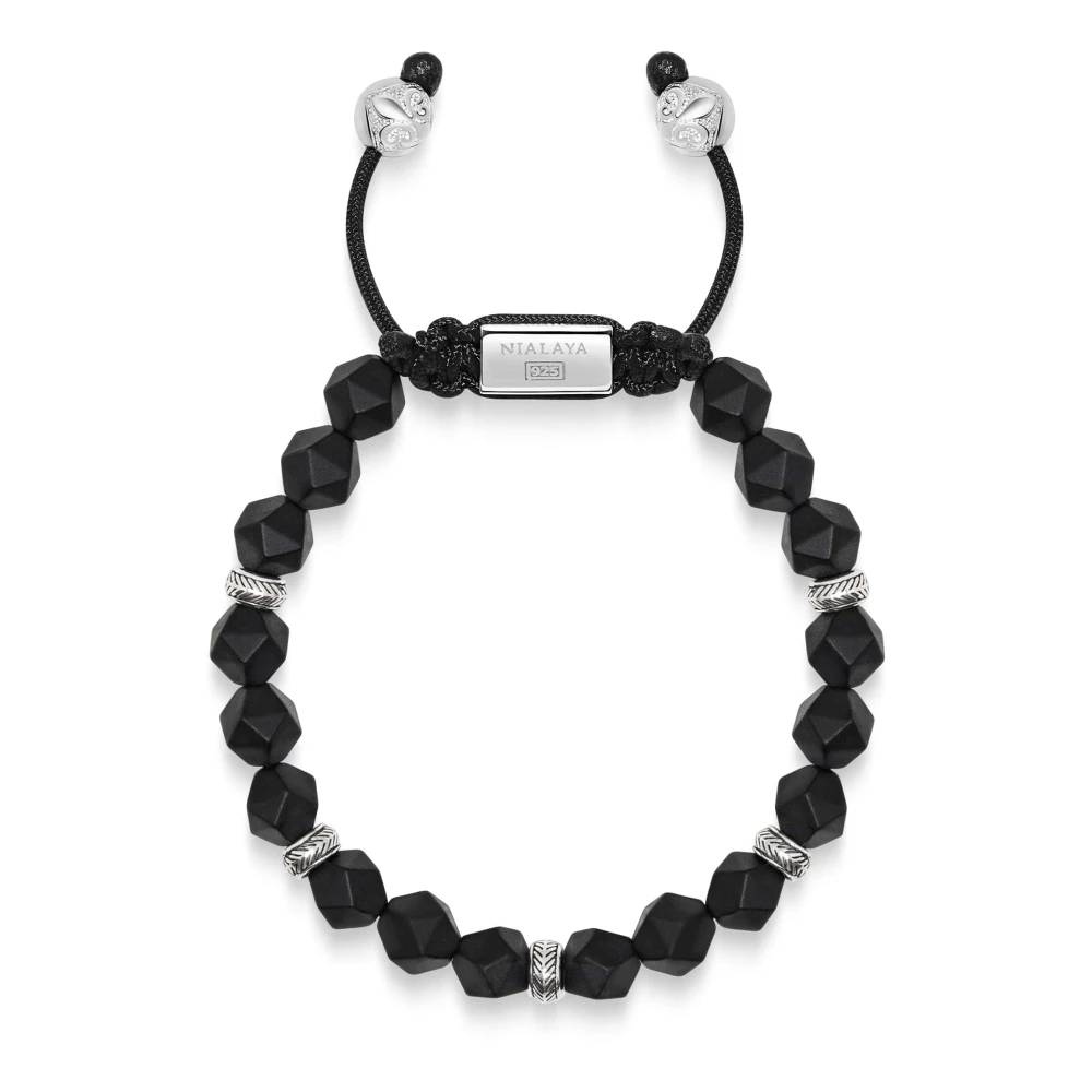 Nialaya Men's Gray Bracelets, L, Sterling Silver Faceted Beaded Bracelet With Matte Black Onyx