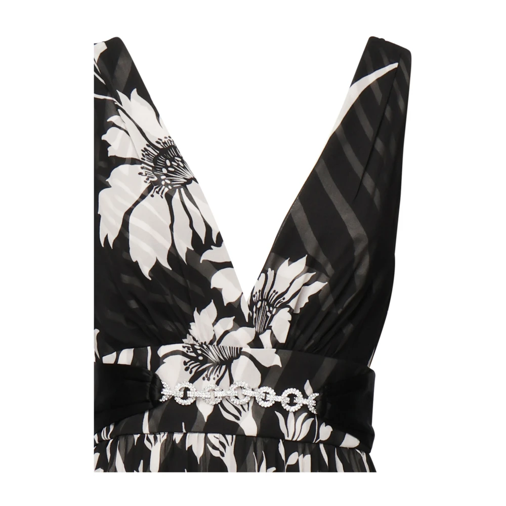 Guess Bloemen V-hals Lange Zwarte Witte Jurk Multicolor Dames