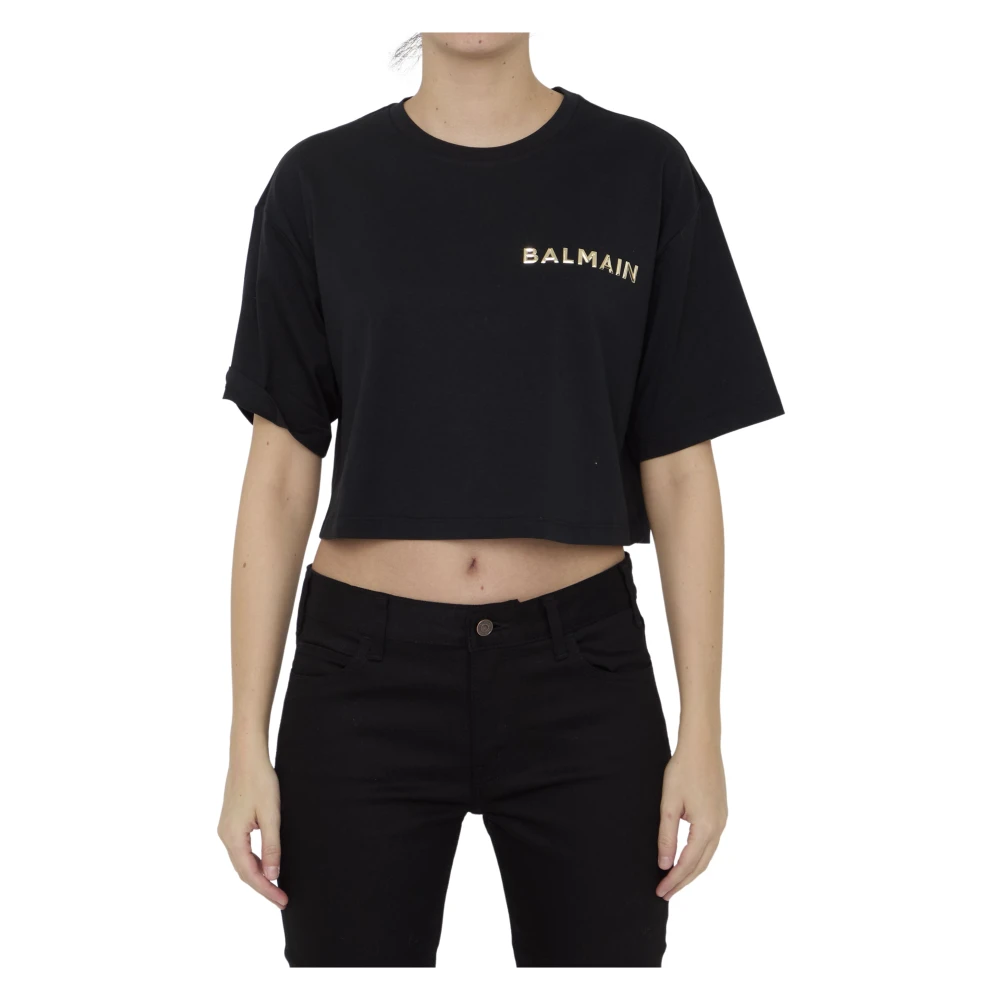 Balmain Zwarte Cropped Crewneck T-Shirt Ss24 Black Dames