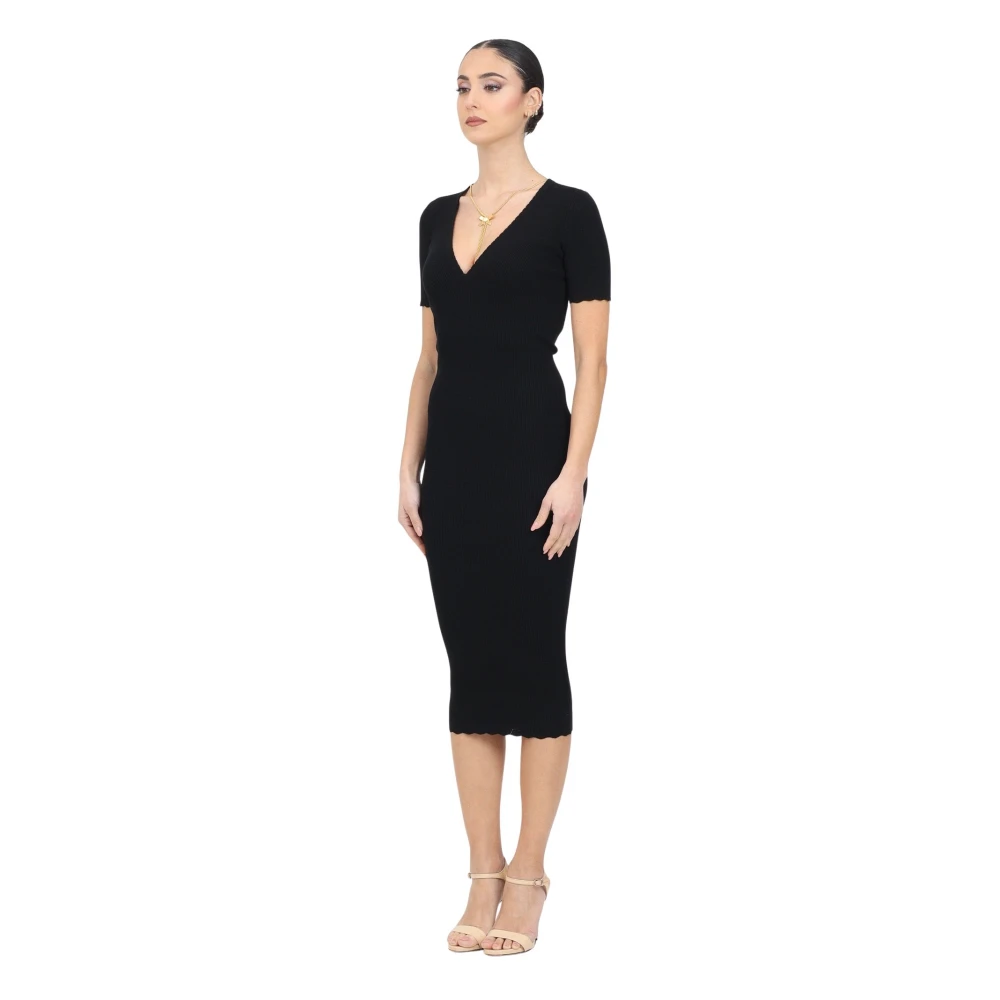 Elisabetta Franchi Midi Zwarte Jurk Geribbelde V-Hals Black Dames