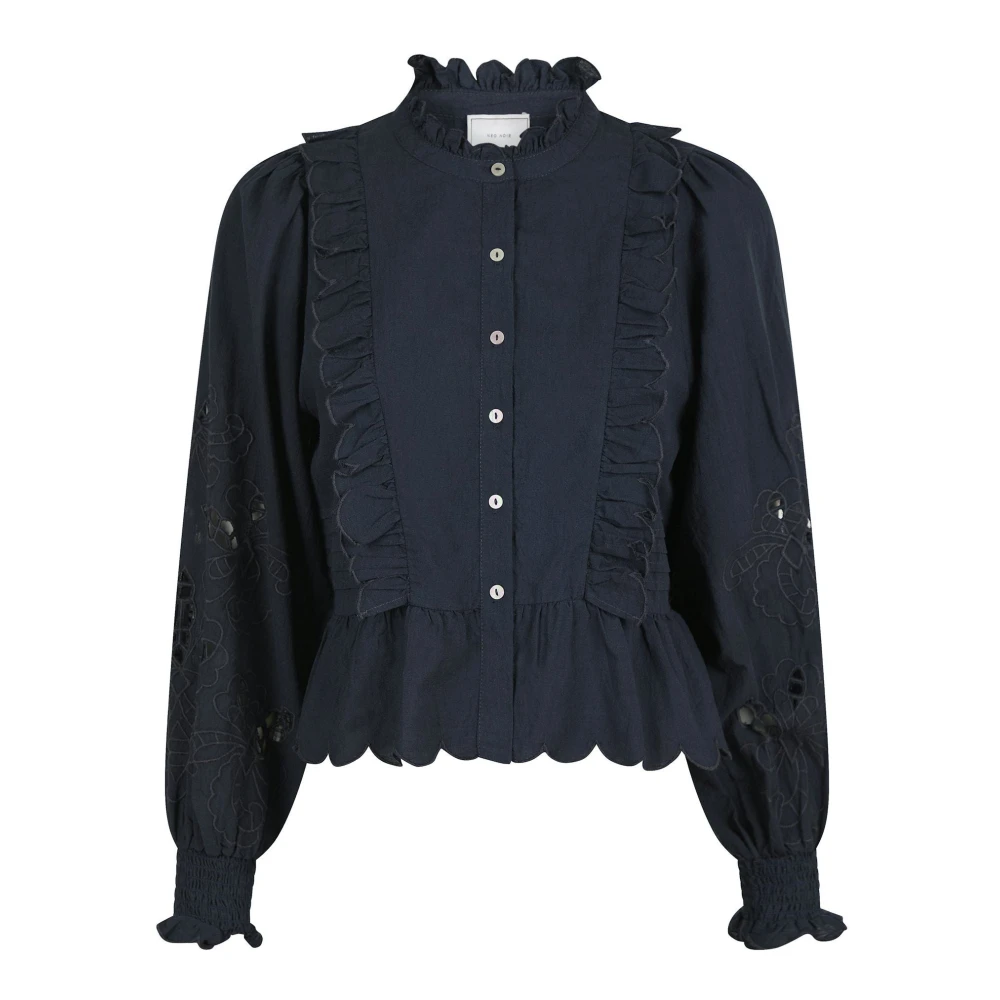 Marineblå Broderi Peplum Bluse