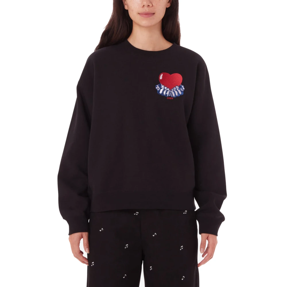 Obey Heart Crew Fleece Zwarte Sweatshirt Black Heren