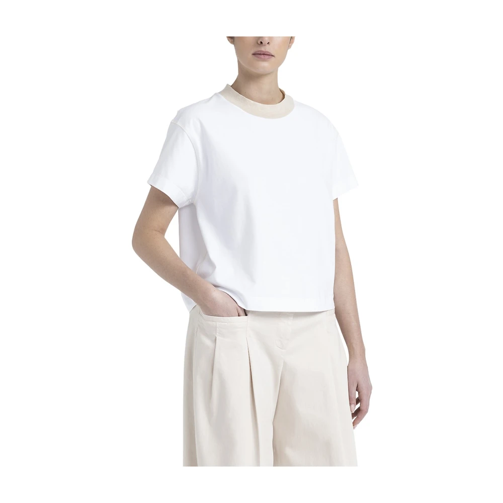 PESERICO Katoenen jersey T-shirt met tricot ronde hals White Dames