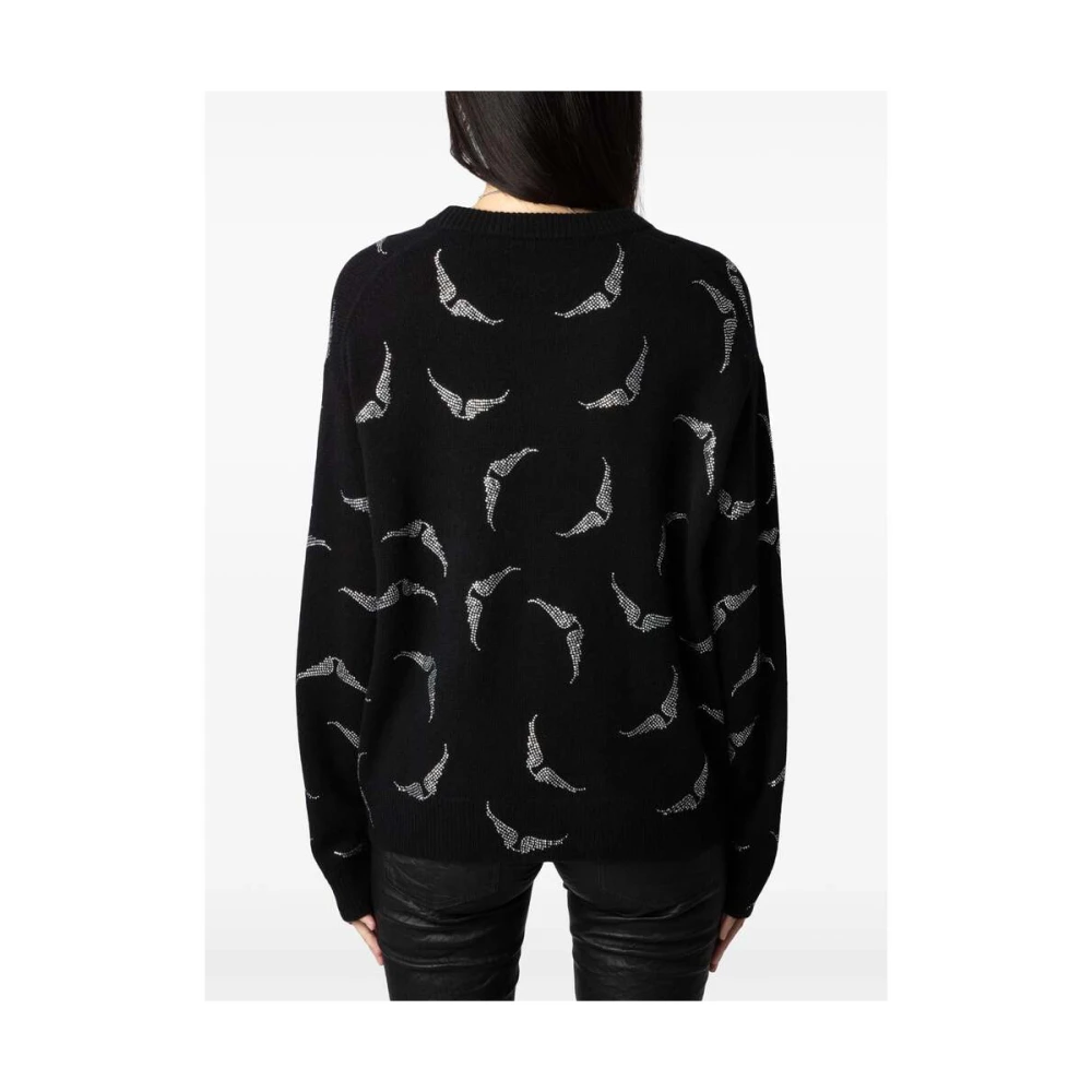 Zadig & Voltaire Zwarte Kasjmier Gebreide Trui met Strass Vleugels Black Dames