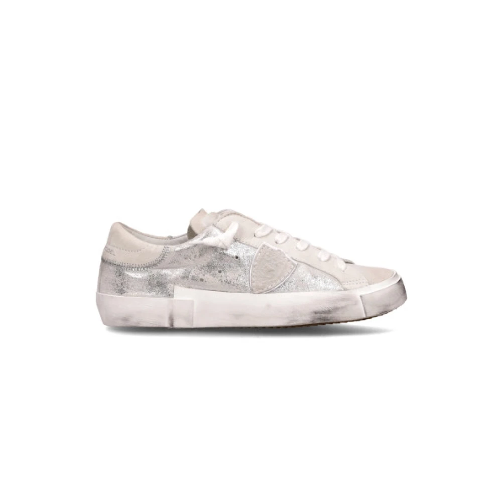 Philippe Model Vintage Zilveren Leren Lage Sneakers Dames Schoenen Grijs