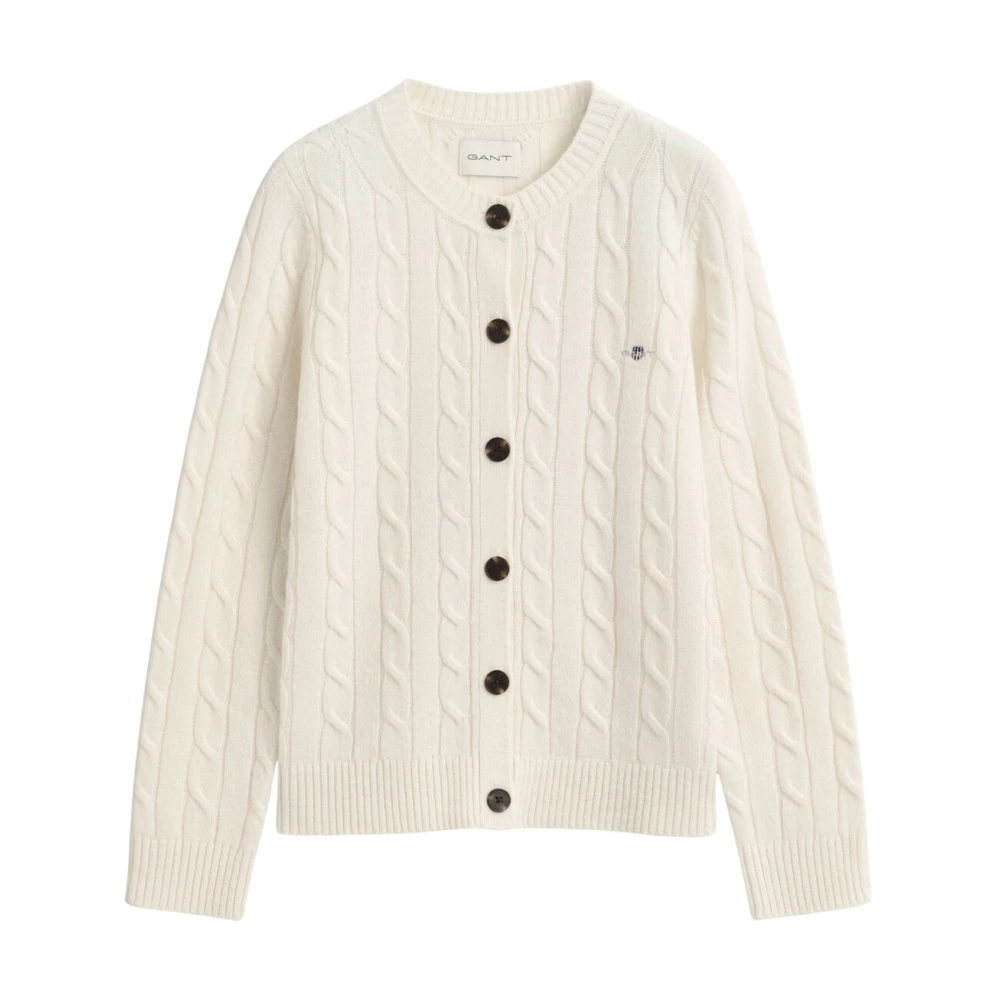 Gant Damen Weiß Strickjacke Aus Lammwolle Mit Zopfmuster In Creme - Bild 6