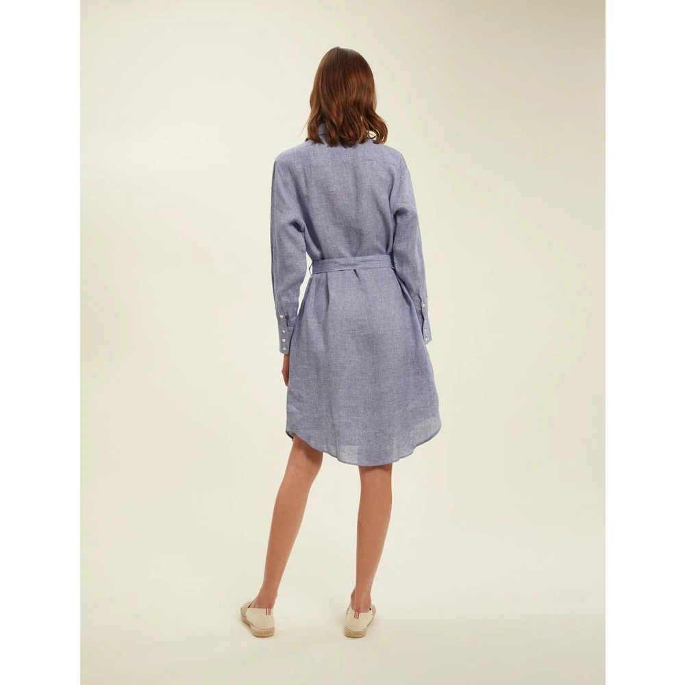 Ines De La Fressange Paris Blauwe Linnen Overhemdjurk Houndstooth Blue Dames