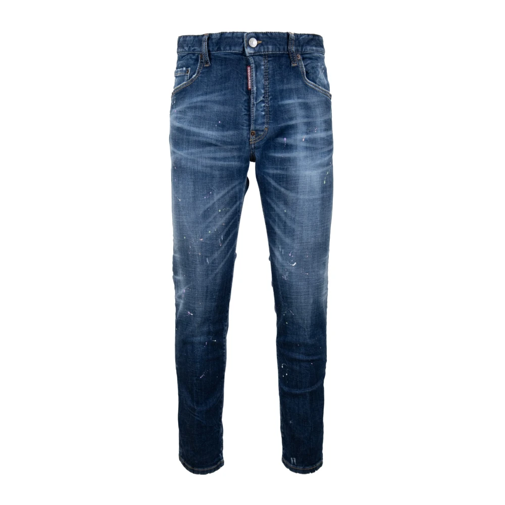 Dsquared2 Mäns Knapp Jeans med Läder Patch Blue, Herr