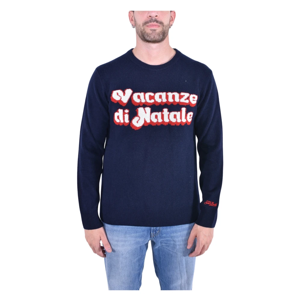 Mc2 Saint Barth Men's Blue Round-Neck Knitwear,, Elegant White Jumper With Jacquard Print 2XL