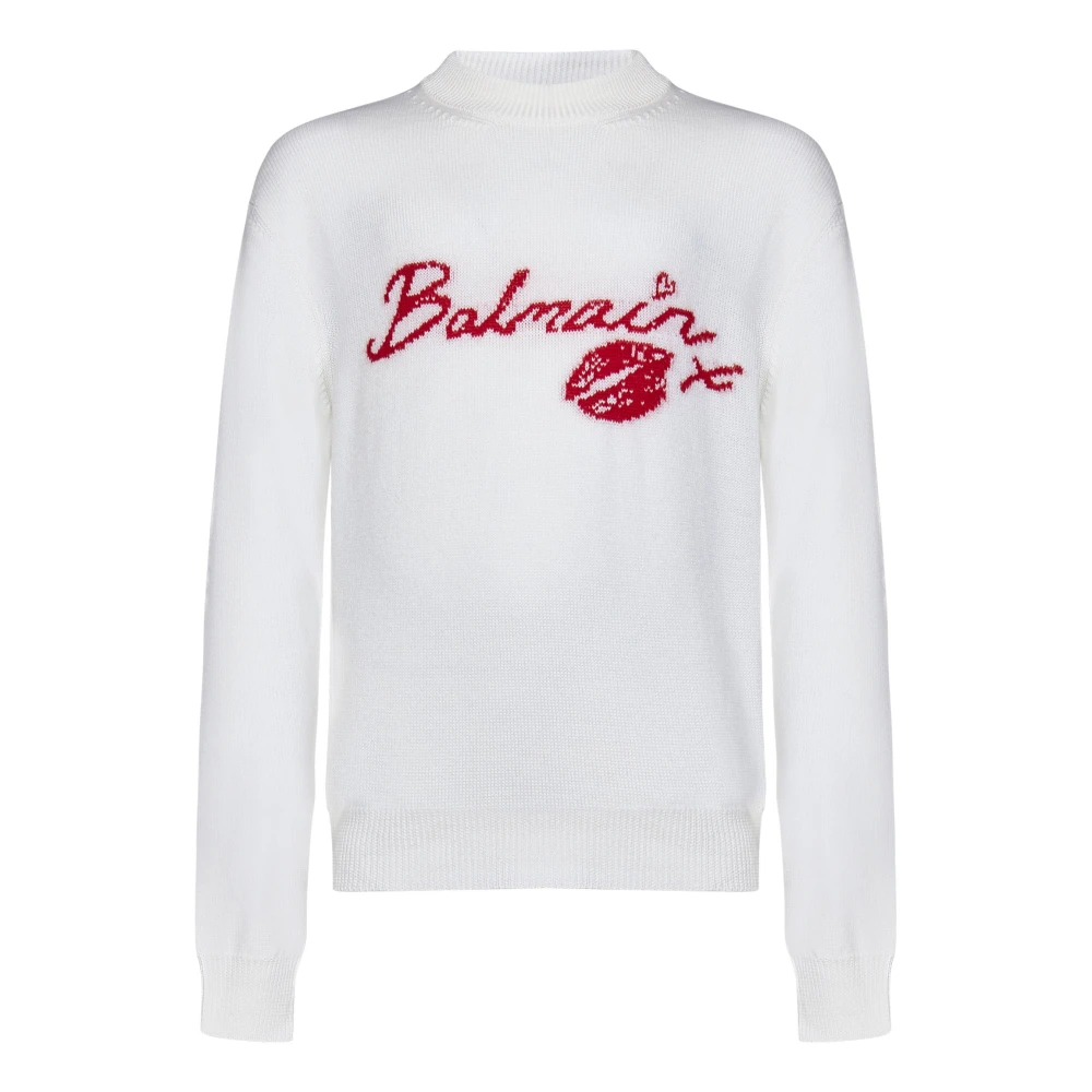 Balmain Vit Stickad Crewneck Tröja med Logotyp White, Herr