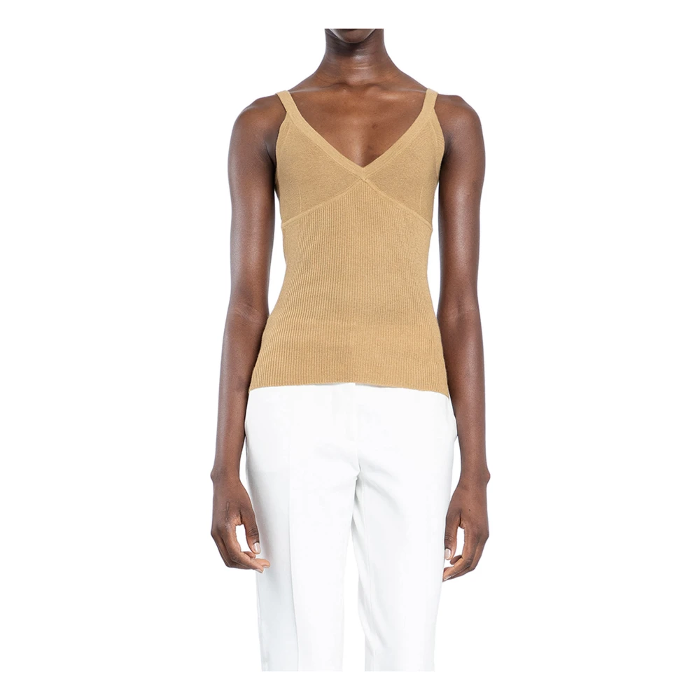 Max Mara Beige Silk Cashmere Ribbed-Knit V-Neck Sleeveless T-Shirt Beige Dames