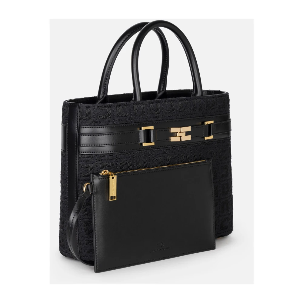 Elisabetta Franchi Zwarte Jacquard Shopper Tas met Gouden Details Black Dames
