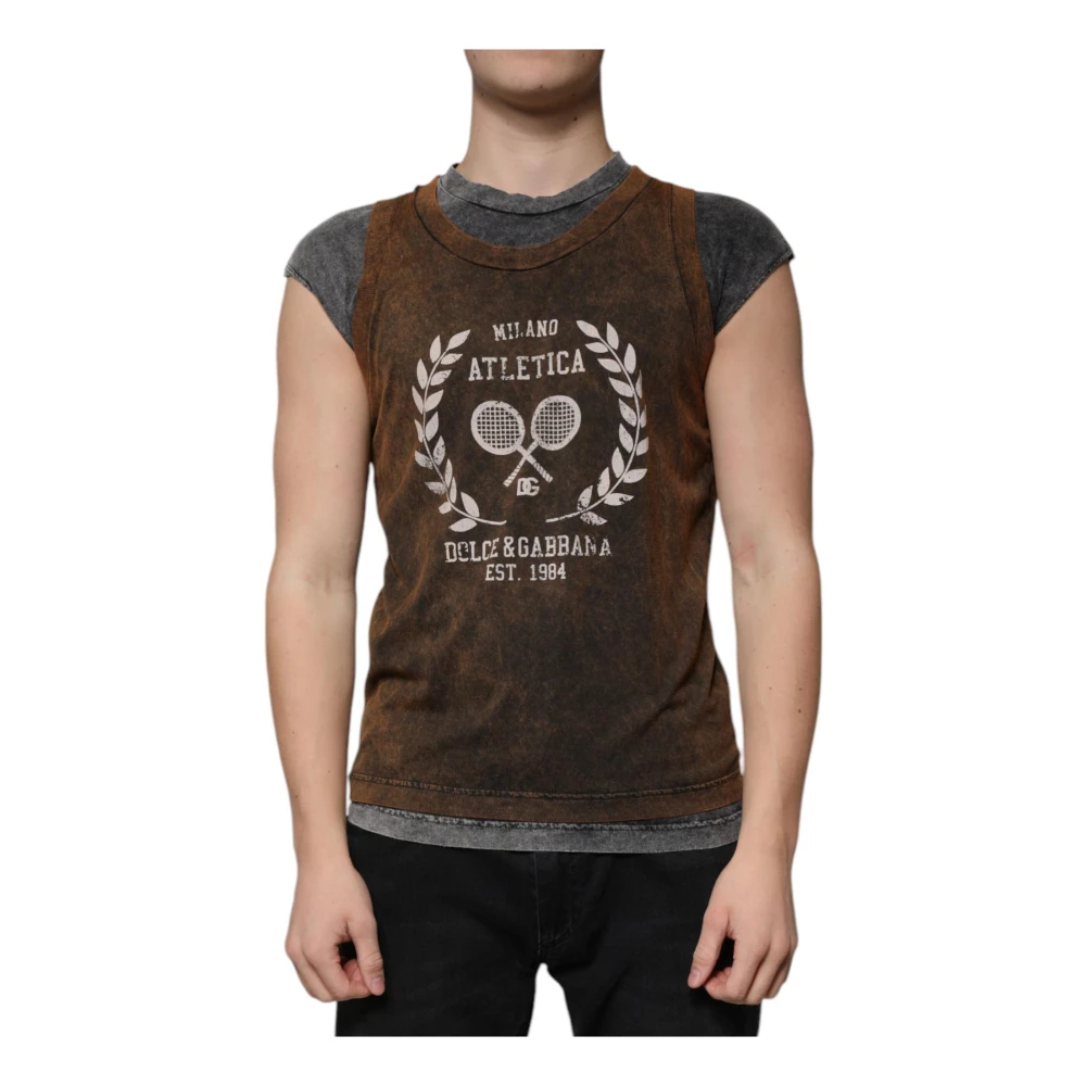 Dolce & Gabbana Men's Brown T-Shirts, Xl, Cotton Crew Neck Sleeveless T-Shirt