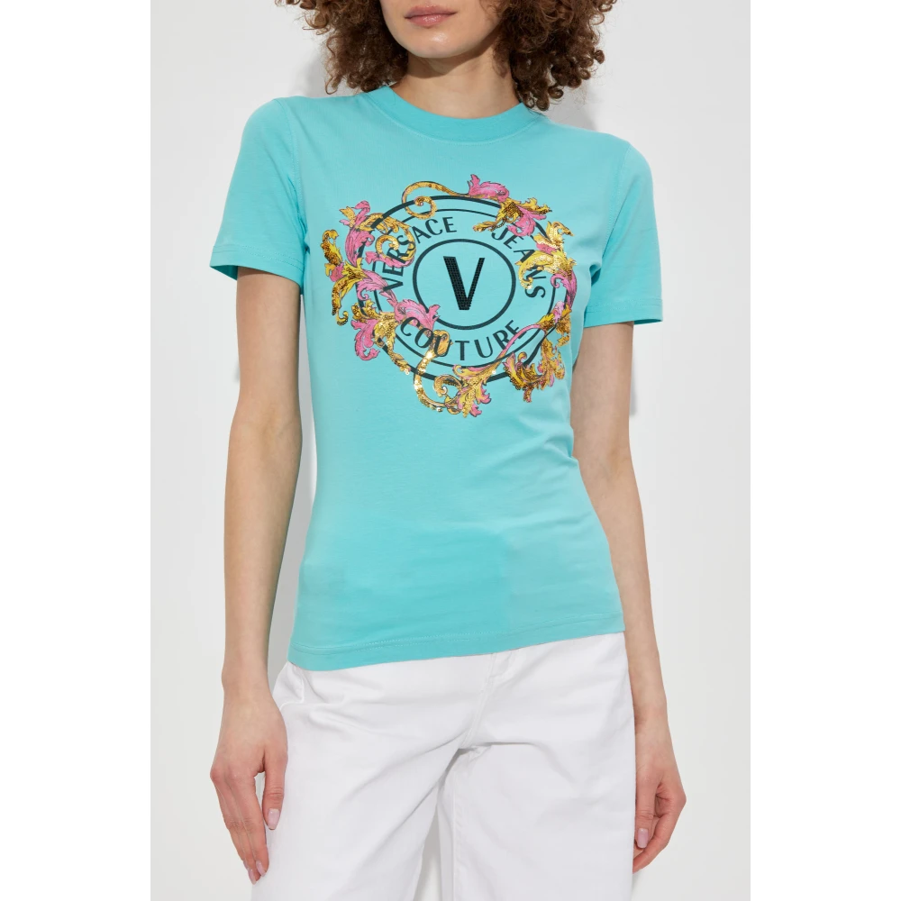 Versace Jeans Couture T-shirt met print en glinsterende applicaties Blue Dames