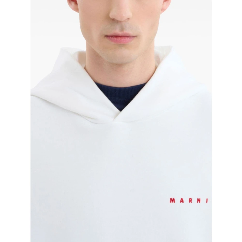 Marni Katoen Logo Print Hoodie White Heren