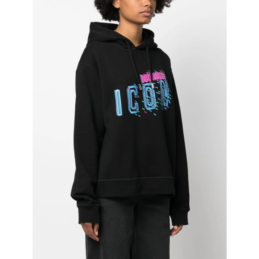 Dsquared2 Zwarte Icon Pixel Cool Fit Hoodie Black Dames
