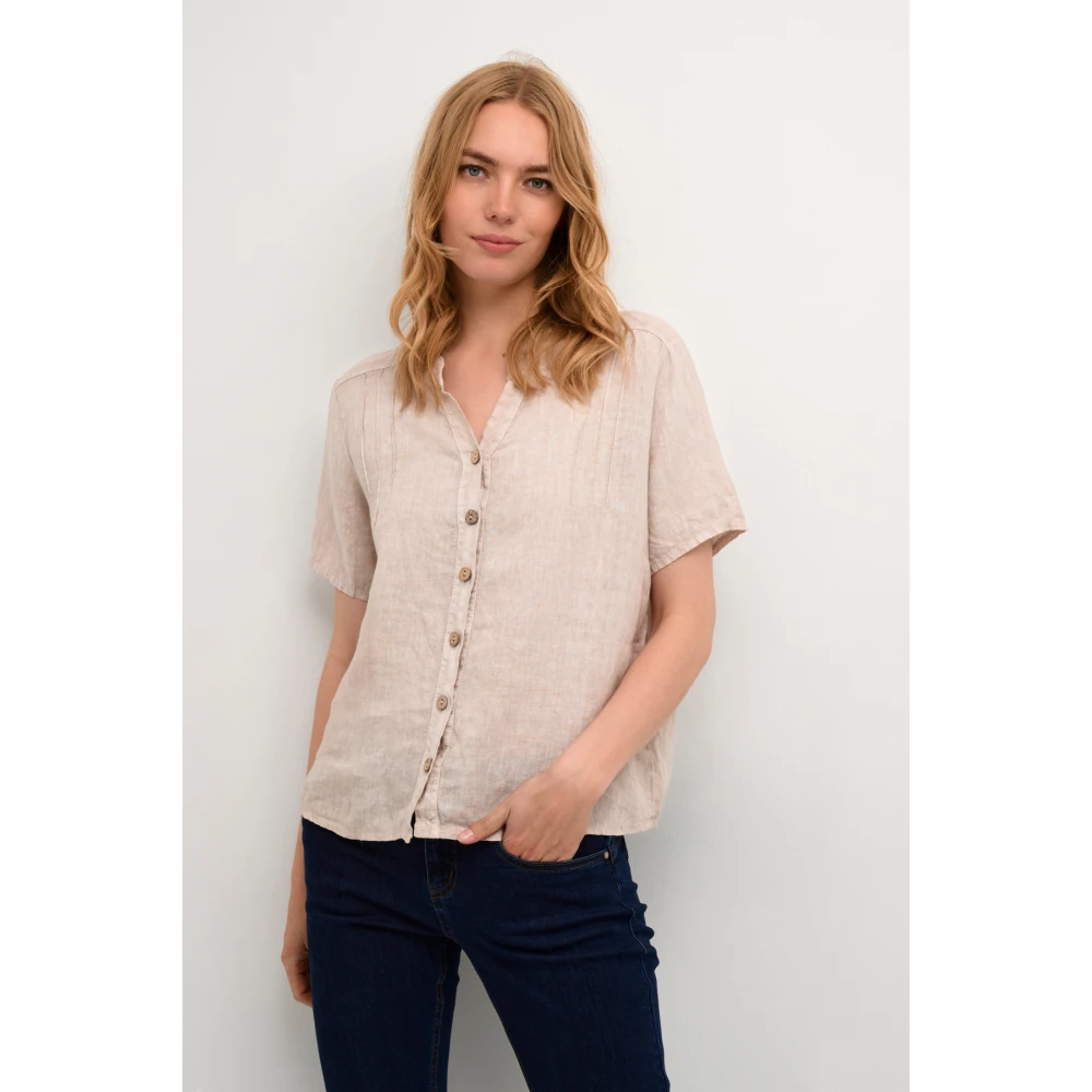 Cream Zand Linnen Shirt met V-Hals Beige Dames