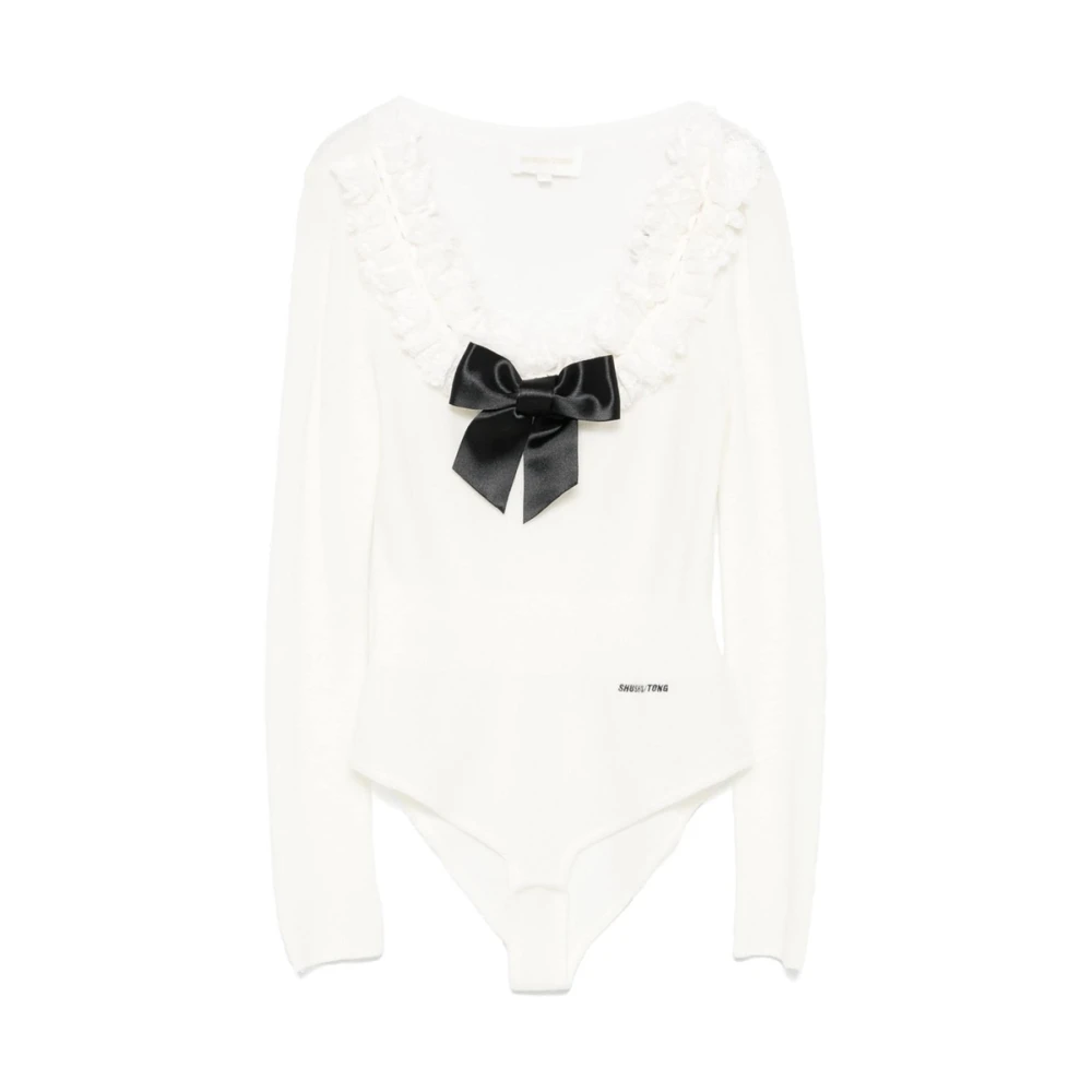 Shushu Tong Geribbeld Gebreid Body met Strikdetail White Dames