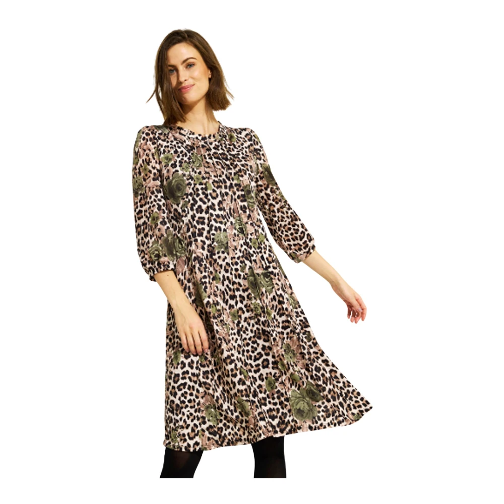 IN Front Gedrukte Jurk met Plooien en 3 4 Mouwen Beige Dames