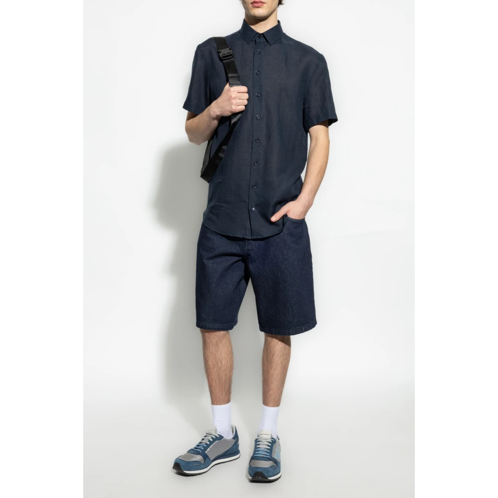 Giorgio Armani Linnen shirt met korte mouwen Blue Heren