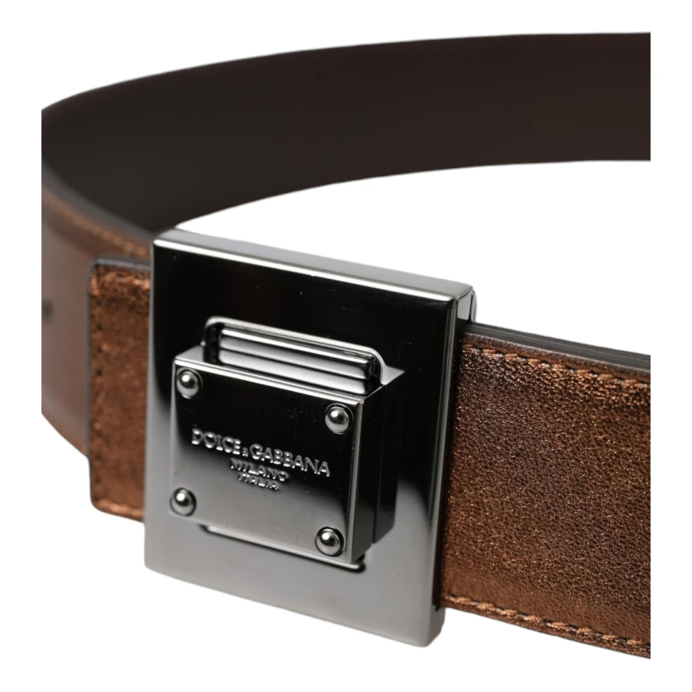 Dolce & Gabbana Metallic Bronze Leren Riem met Vierkante Metalen Gesp Brown Dames