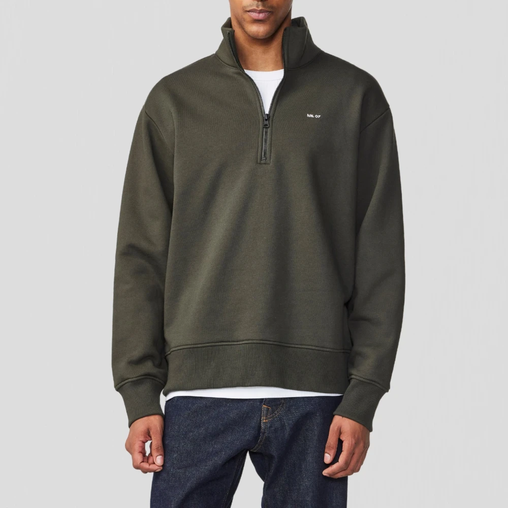 Nn07 Geborstelde Fleece Half-Zip Sweater Dark Army Green Heren