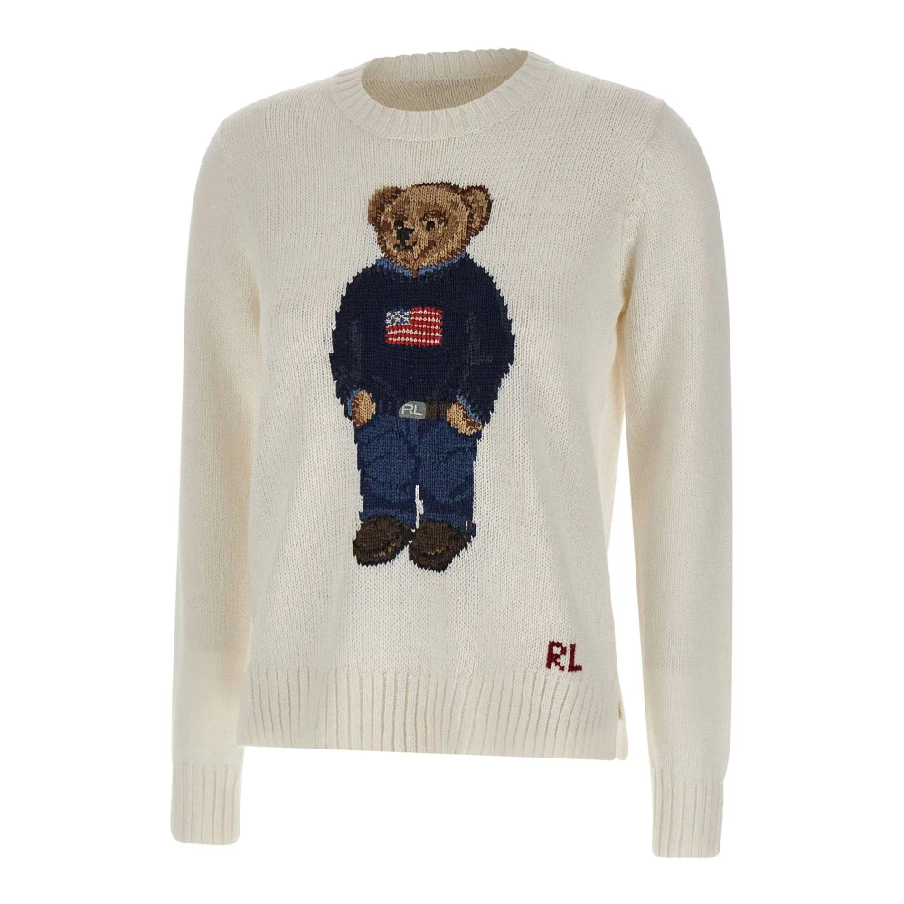 Polo Ralph Lauren Women's White Round-Neck Knitwear, L, Polo Bear Cotton-Linen Crewneck Jumper