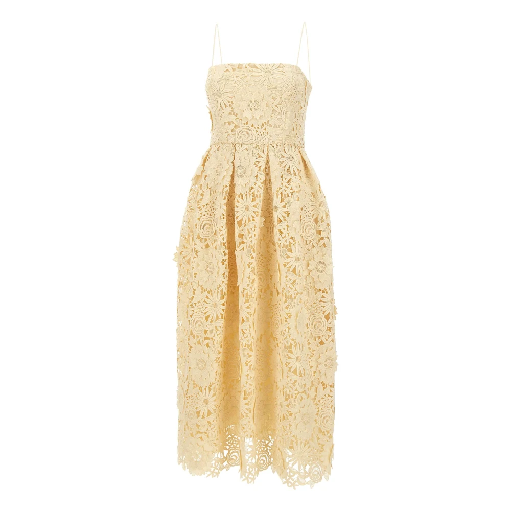 Rotate Birger Christensen Women's Yellow Midi Dresses, M, 3D Lace Flared Midi Dress