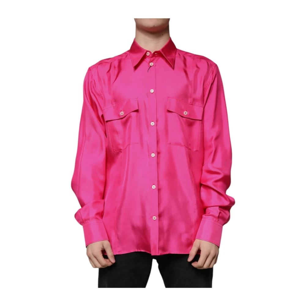 Dolce & Gabbana Men's Pink Silk Collared Button Down Shirt