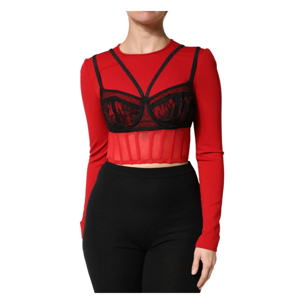 Dolce & Gabbana Women's Red Long Sleeve T-Shirts, S, Bralette-Style Cropped Top