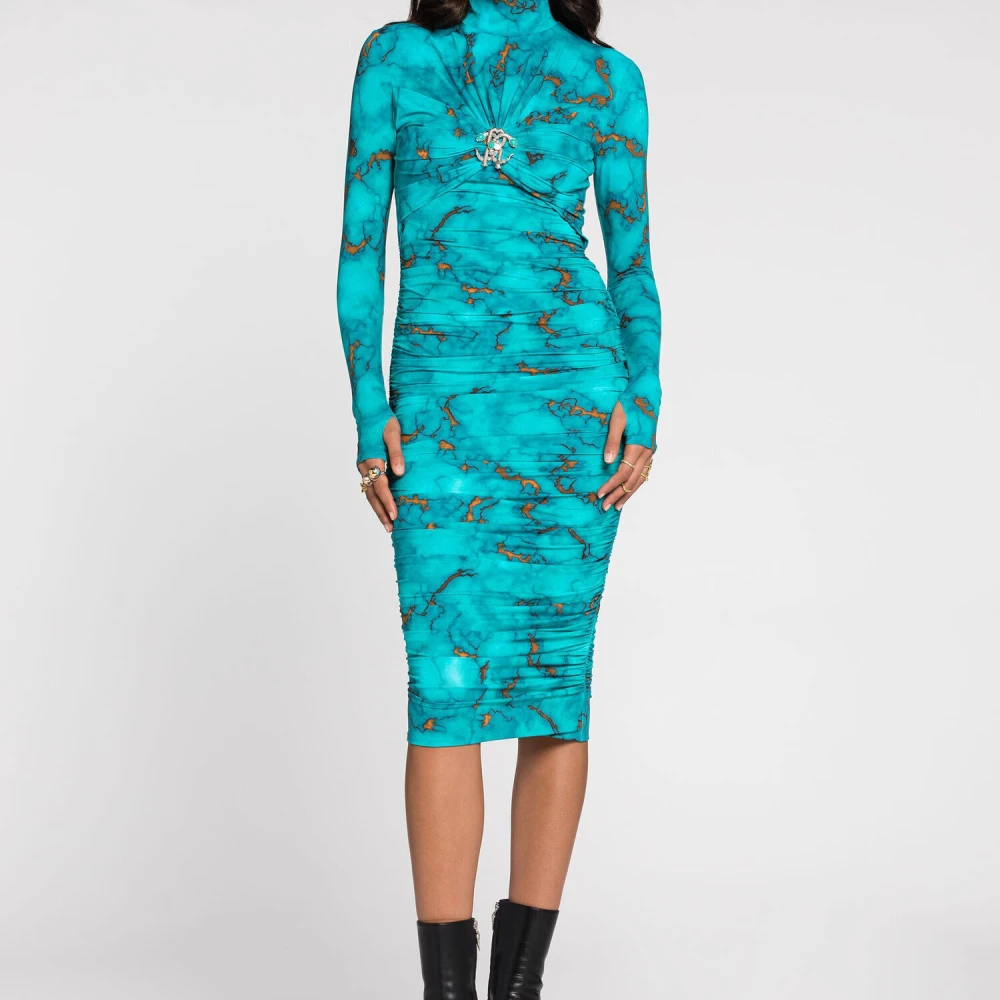 Roberto Cavalli Slang Marmerprint Bodycon Midi Jurk Blue Dames