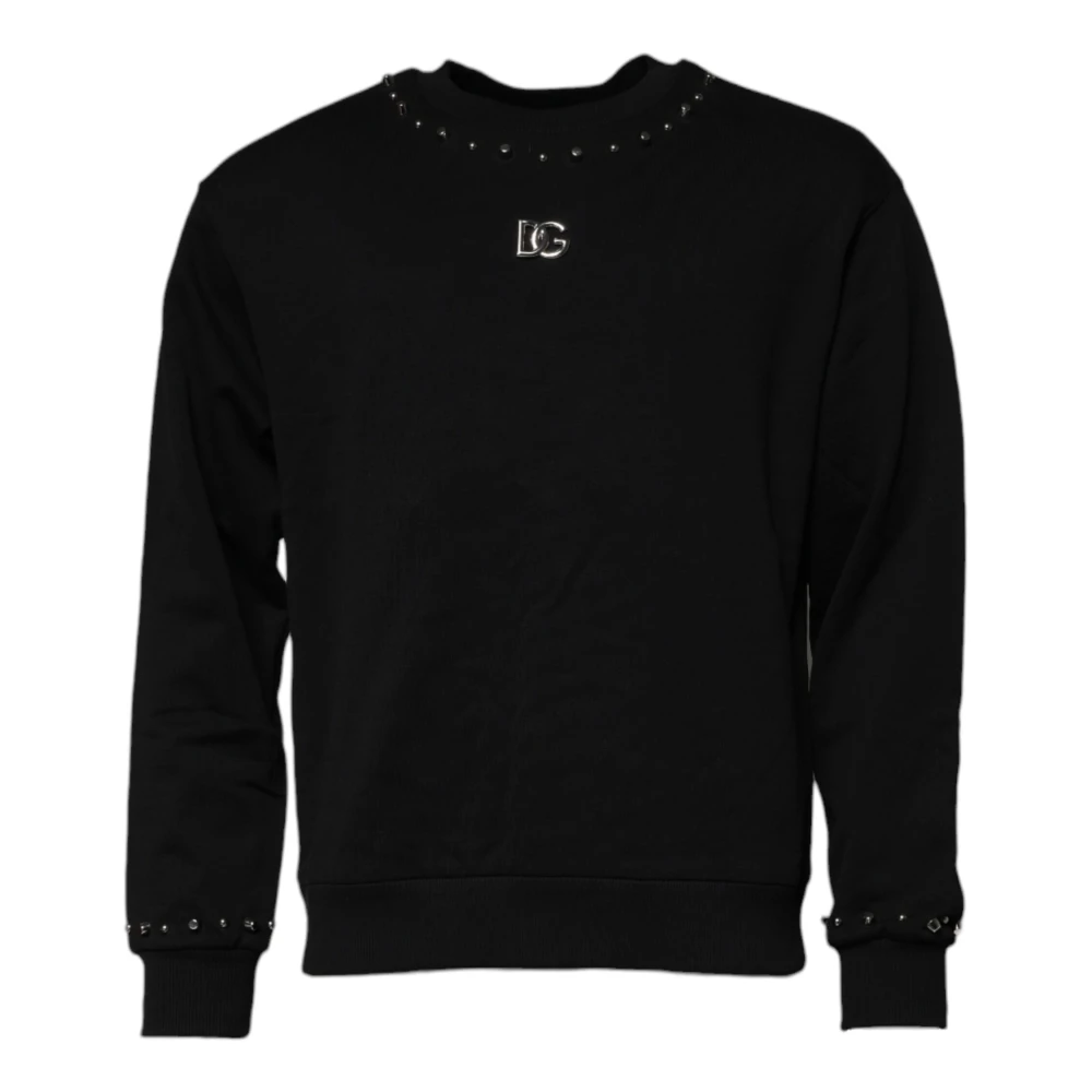 Dolce & Gabbana Men's Black Round-Neck Knitwear, S, Studded Logo Pullover Sweatshirt