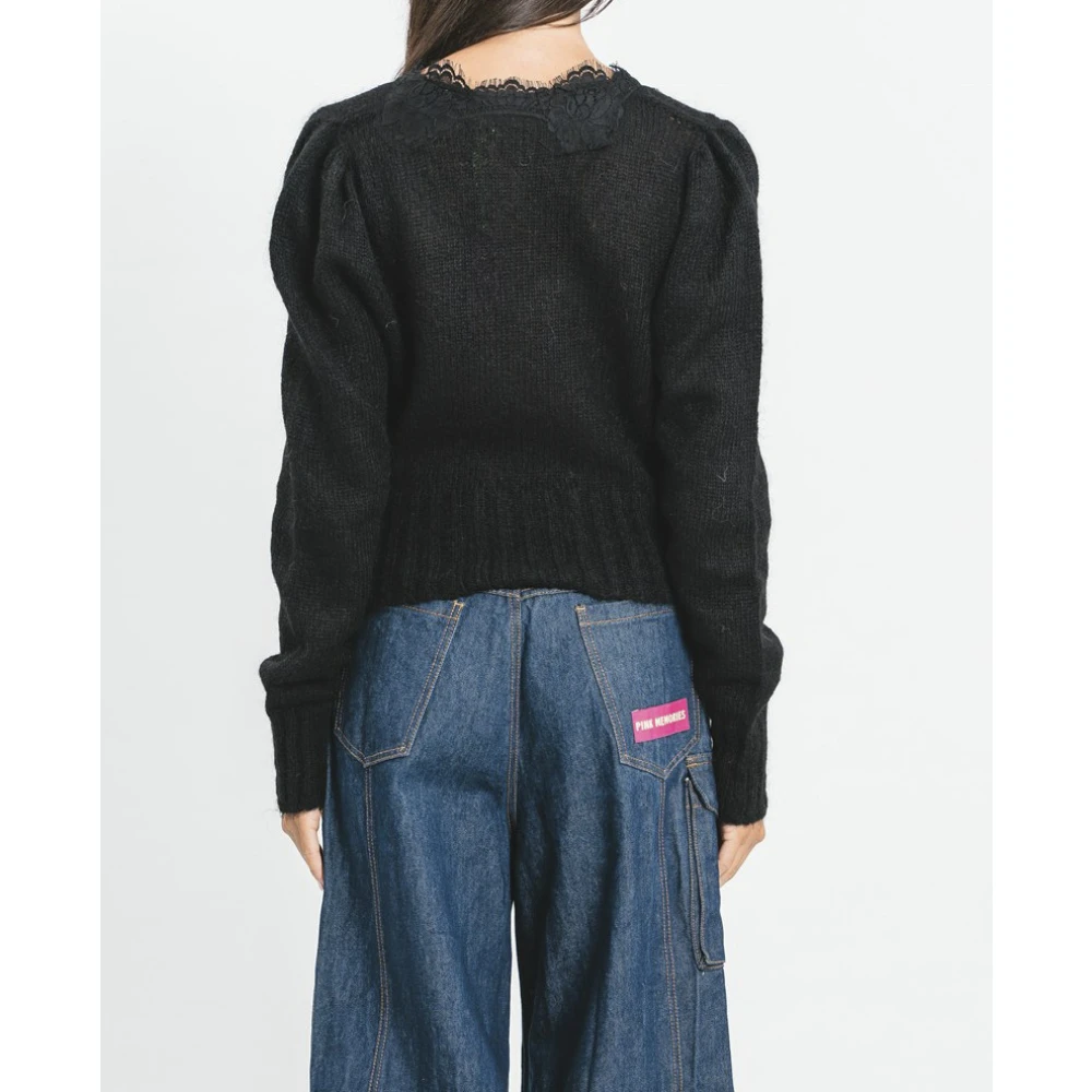 Pink Memories Mohair Crop Sweater met Kant Details Black Dames