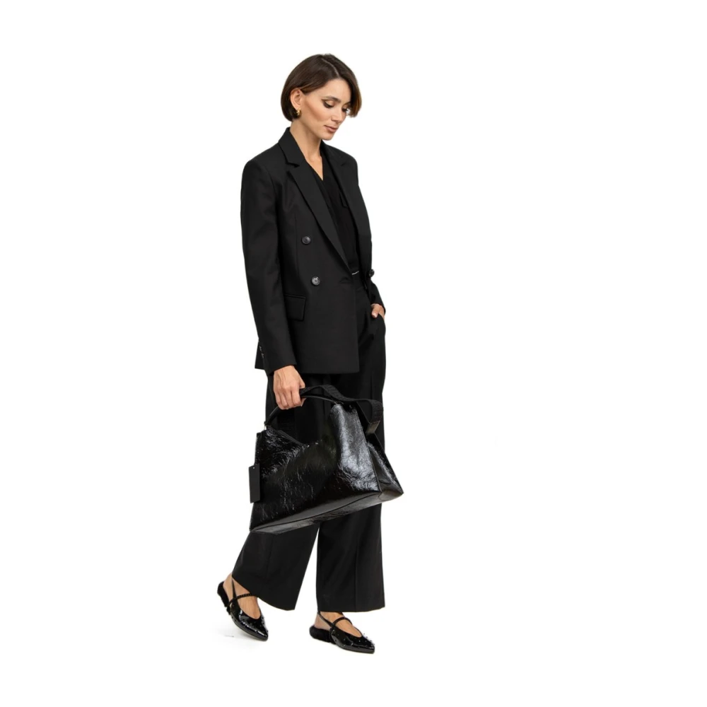 Tela Zwarte Wol Double-Breasted Jas Black Dames