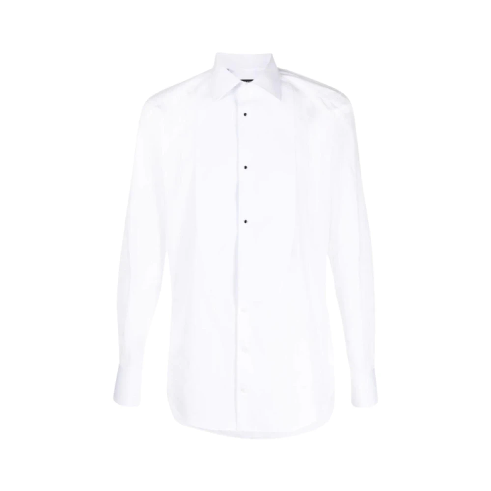 Dolce & Gabbana Vit Långärmad Bomullsskjorta Med Svart Pärlknapp