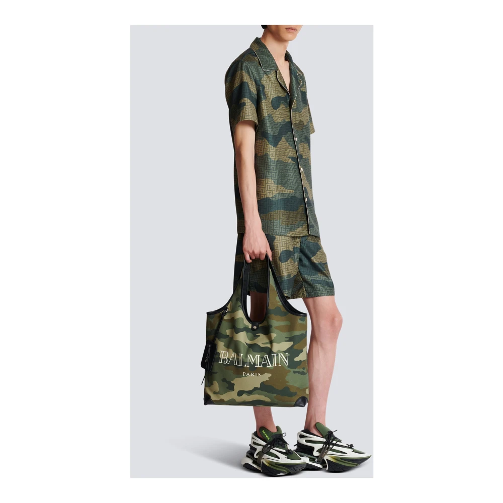 Balmain Camouflage canvas B-Leger Boodschappentas met vintage logo Green Heren