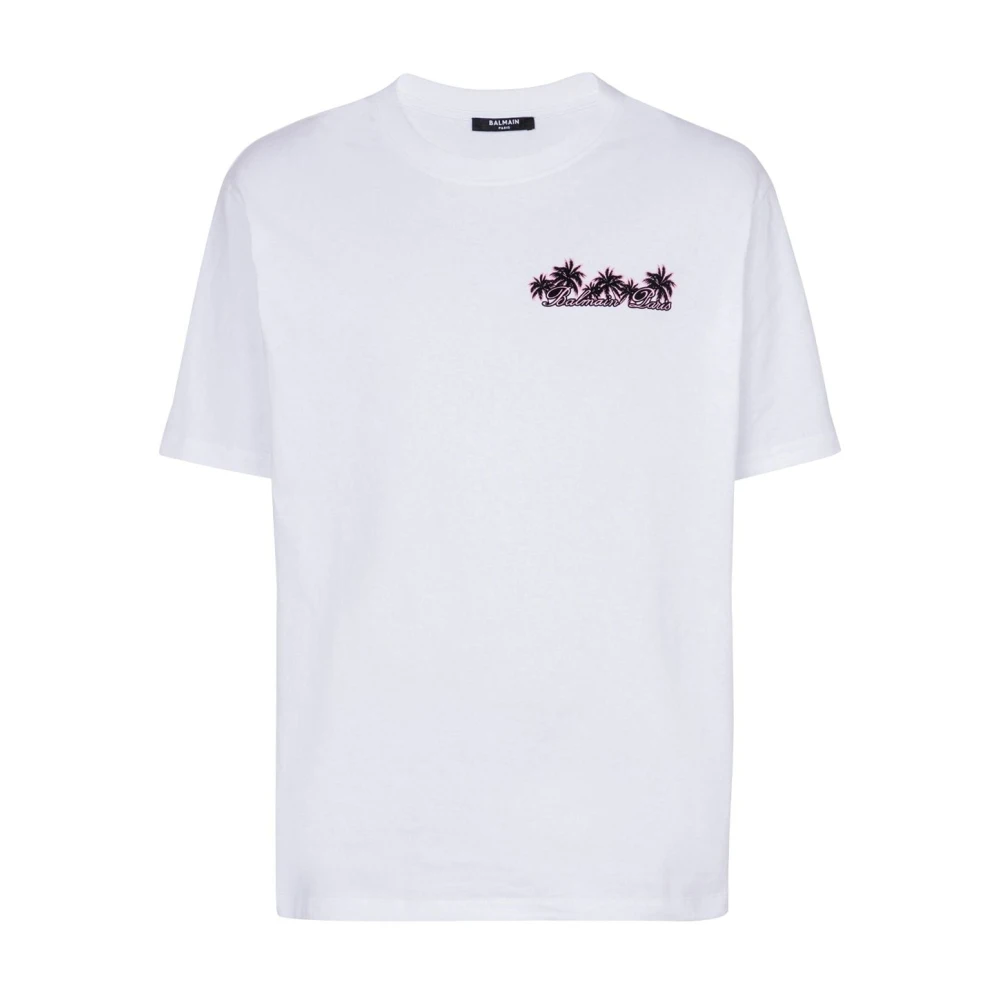 Balmain Palmboom Logo Print T-shirt White Heren