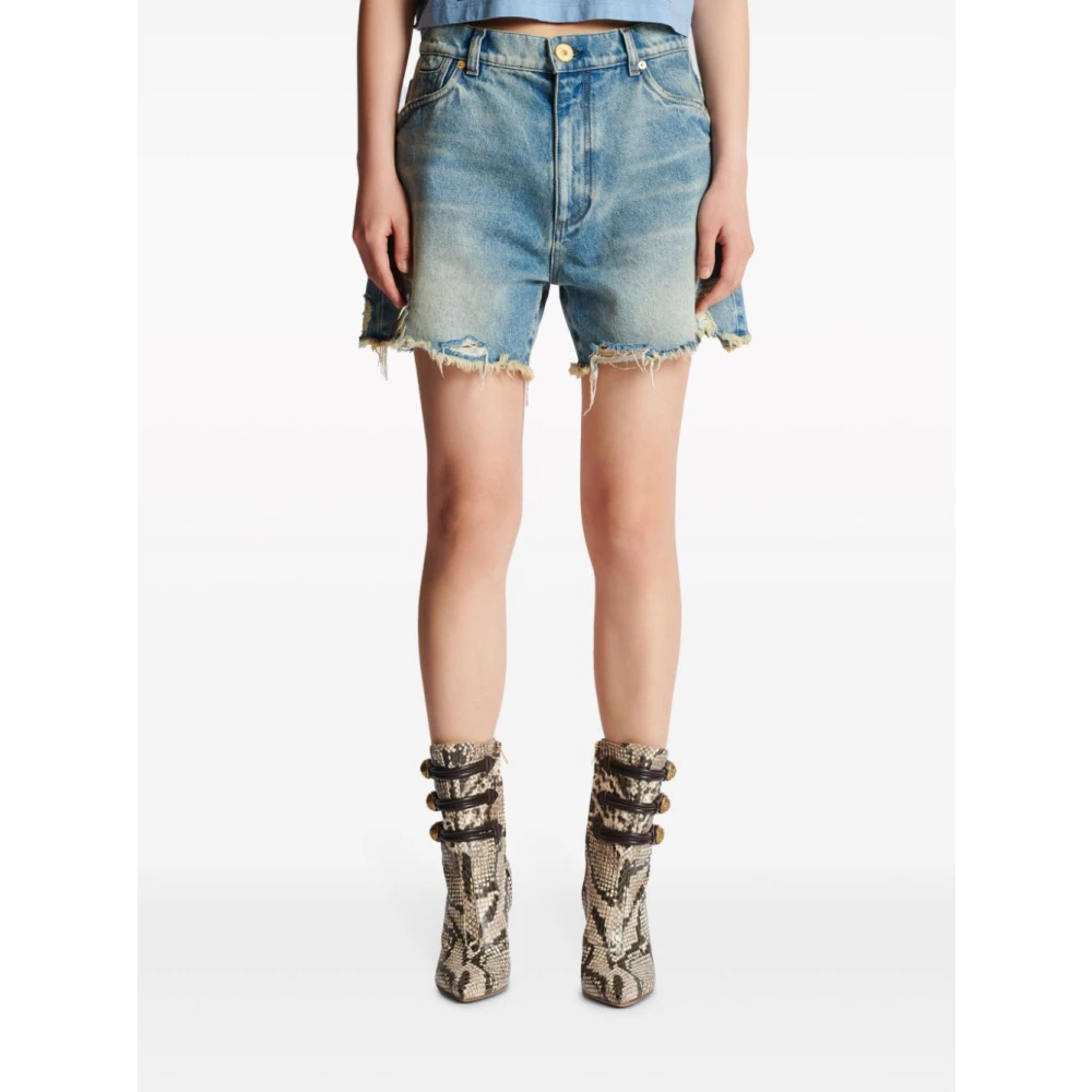 Balmain Denim Shorts met Geborduurd Logo Blue Dames