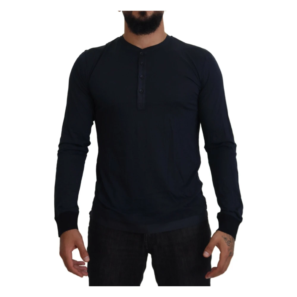 Dolce & Gabbana Men's Blue Elegant Cotton-Silk Blend Pullover - Long Sleeve T-Shirts - S - Tops