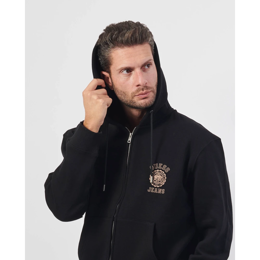 Guess Zwarte hoodie met rits en zakken Black Heren