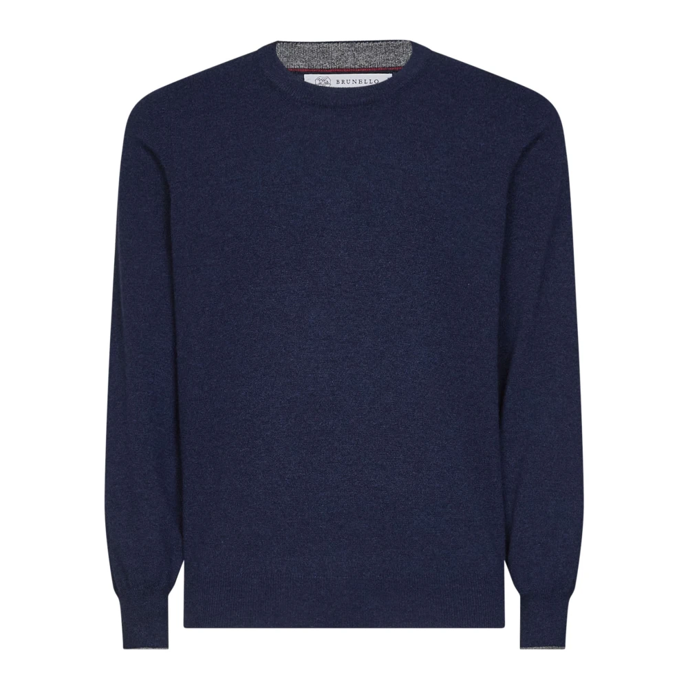 Brunello Cucinelli Men's Blue Cashmere Crew Neck Jumper - Cashmere Knitwear - S - Knitwear