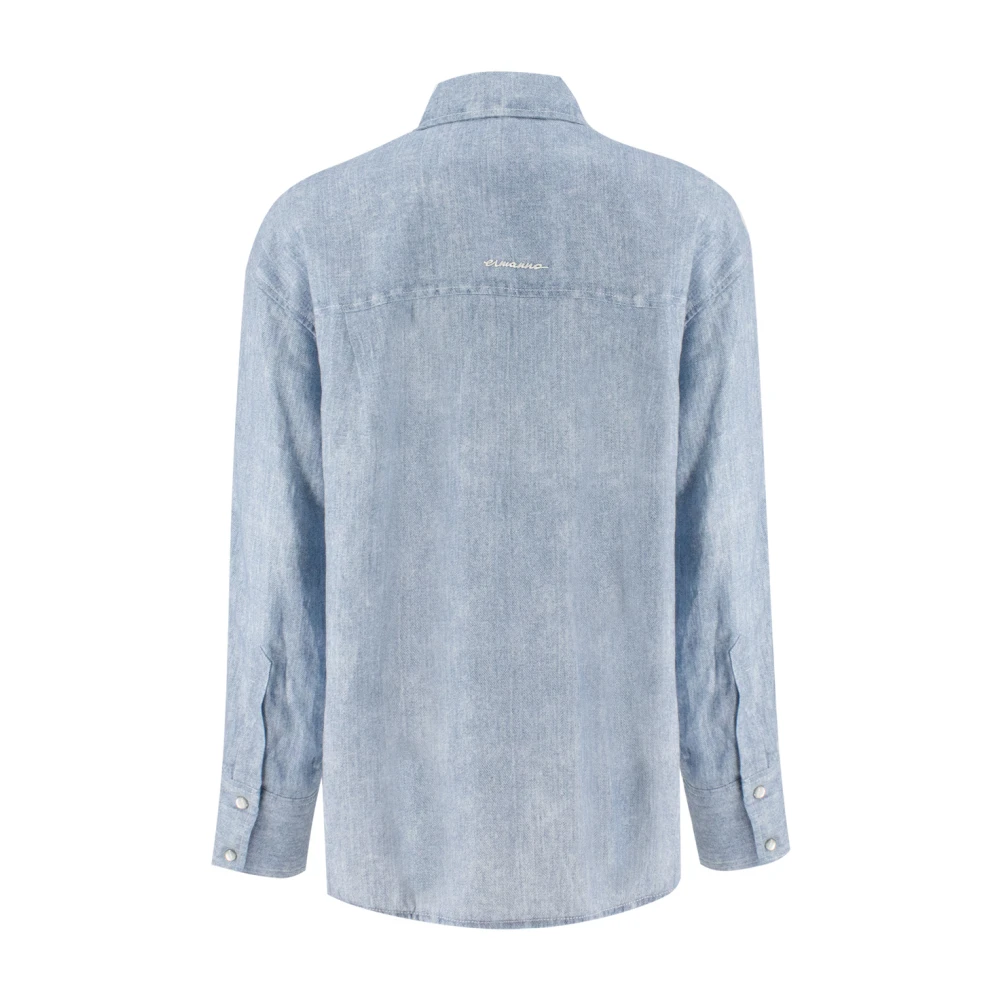 Ermanno Scervino Denim-effect Linnen Overhemd met Kantapplicaties Blue Dames