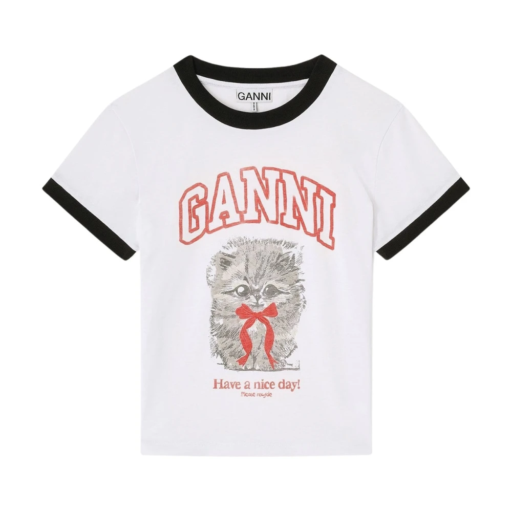 Ganni , T-Shirts, Female, White, M, Cropped Kitty T-Shirt