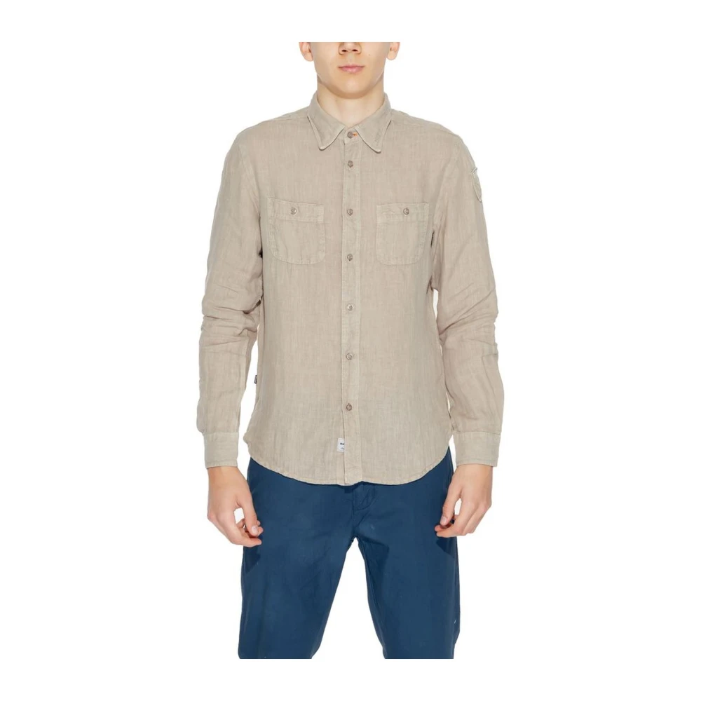 Blauer Beige Linnen Overhemd met Lange Mouwen Beige Heren